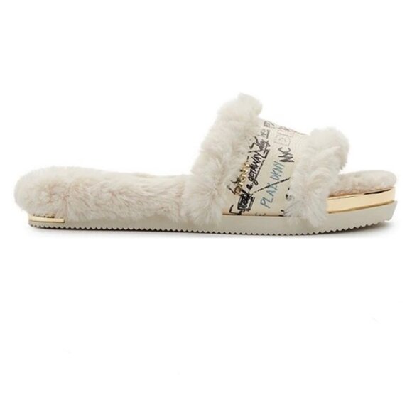 DKNY Gold Logo Furry Bevan Flat Slides NIB Sz 6 - Picture 2 of 8
